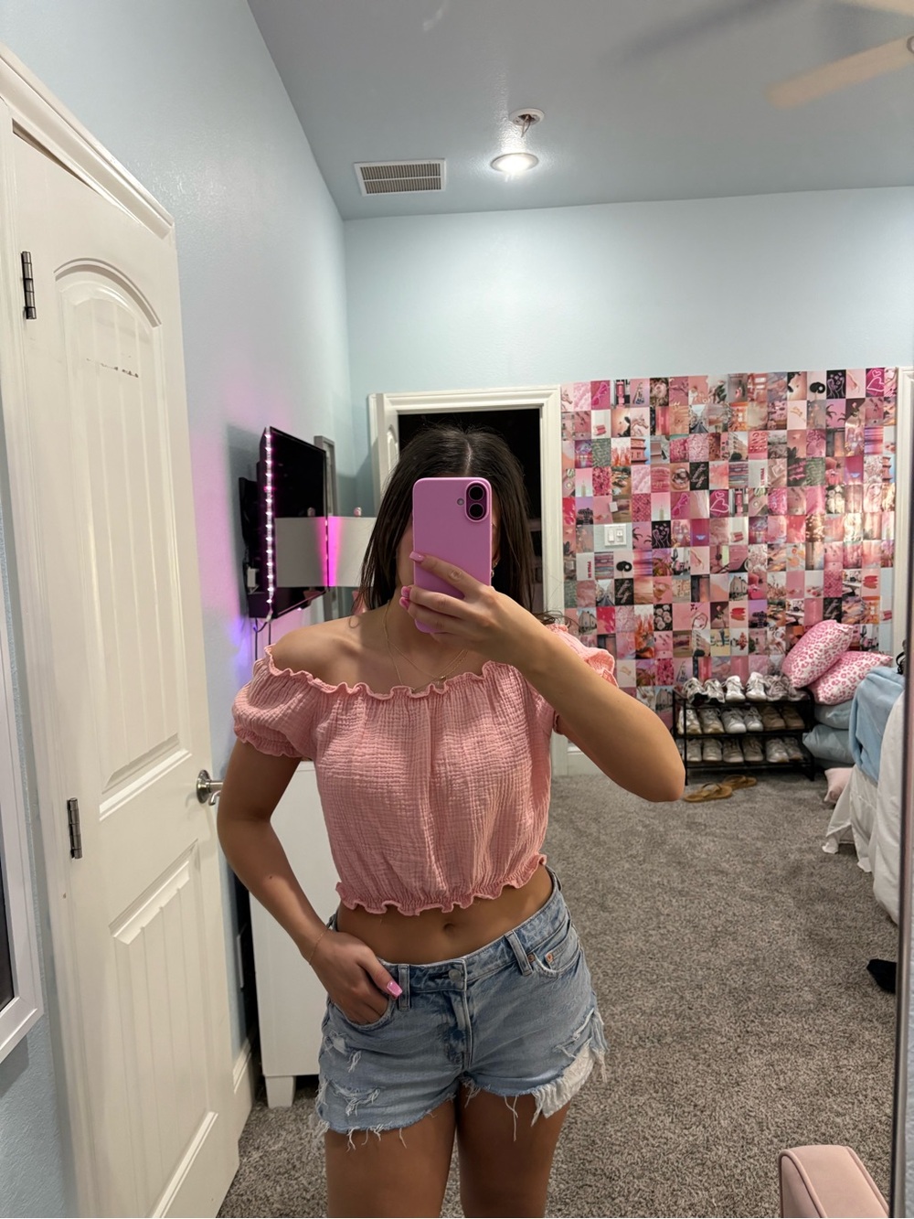 Lucy Love Pink Off-Shoulder Smocked Crop Top